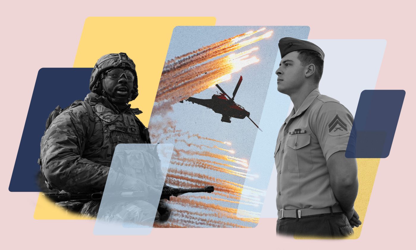 Illustration: Zoë Beach/Michael Newton/ Center for European Policy Analysis. Photo: Photo: A squad leader with the US Army’s Second Squadron, 2nd Cavalry Regiment surveys his soldiers during a blank-fire exercise at Smârdan Training Area in Romania on 8 March 2022. Credit: NATO. Photo: A South Korean army Apache helicopter fires flares during a celebration to mark 76th anniversary of Korea Armed Forces Day, in Seongnam, South Korea, October 1, 2024. REUTERS/Kim Hong-Ji/Pool. Photo: US Marines assigned to the 15th Marine Expeditionary Unit and Sailors assigned to the amphibious assault ship USS Boxer (LHD 4) man the rails as Boxer departs Joint Base Pearl Harbor-Hickam, Hawaii, Nov. 15, 2024. Elements of the 15th MEU are currently embarked aboard Boxer and are conducting routine operations in U.S. 3rd Fleet. Credit: Sgt. Amelia Kang/ US Marine Corps.