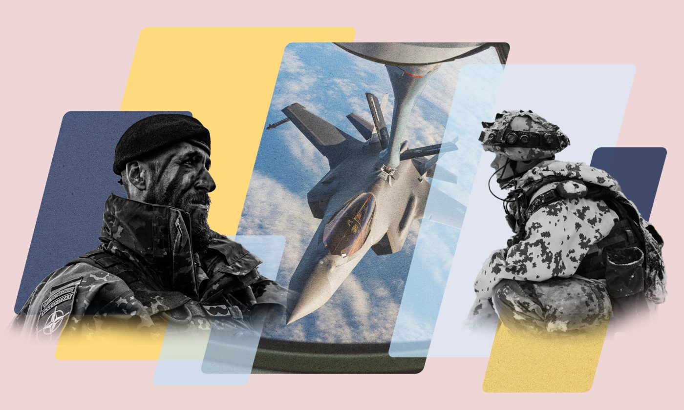 Illustration: Zoë Beach/Center for European Policy Analysis Photo: Norwegian F-35 doing aerial refueling with Boeing KC-135 Stratotanker during a flight from Norway til Iceland. The refueling happens in conjunction with Icelandic Air Policing 2021. Credit: NATO Flickr via https://flic.kr/p/2kRVqtNCredit: A joint European and US exercise. A German soldier stands by at NATO exercise Iron Wolf in Lithuania. Credit: NATO Flickr via https://flic.kr/p/2nY1prN Photo: Soldier in the Snow Credit: NATO Flickr Photo: Sand Texture Credit: Yan Ots via Unsplash https://unsplash.com/photos/a-bird-is-standing-on-the-sand-of-the-beach--4Q0Zx_po_0