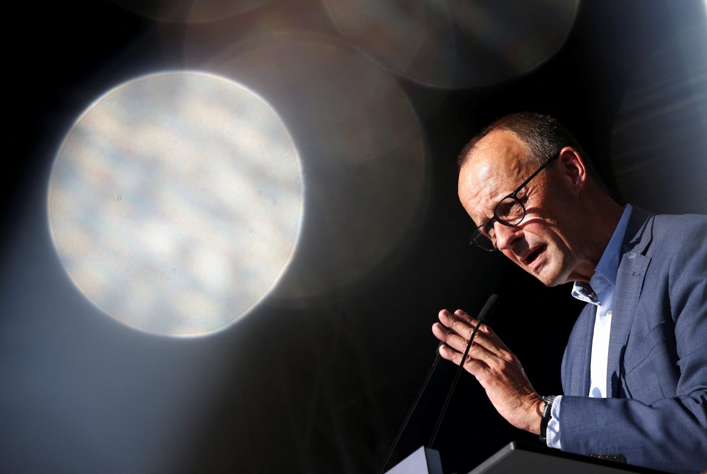 Photo: Christian Democratic Union (CDU) party leader Friedrich Merz speaks during their final election campaign rally for the upcoming Brandenburg state election in Potsdam, Germany, September 21, 2024. Credit: REUTERS/Liesa Johannssen