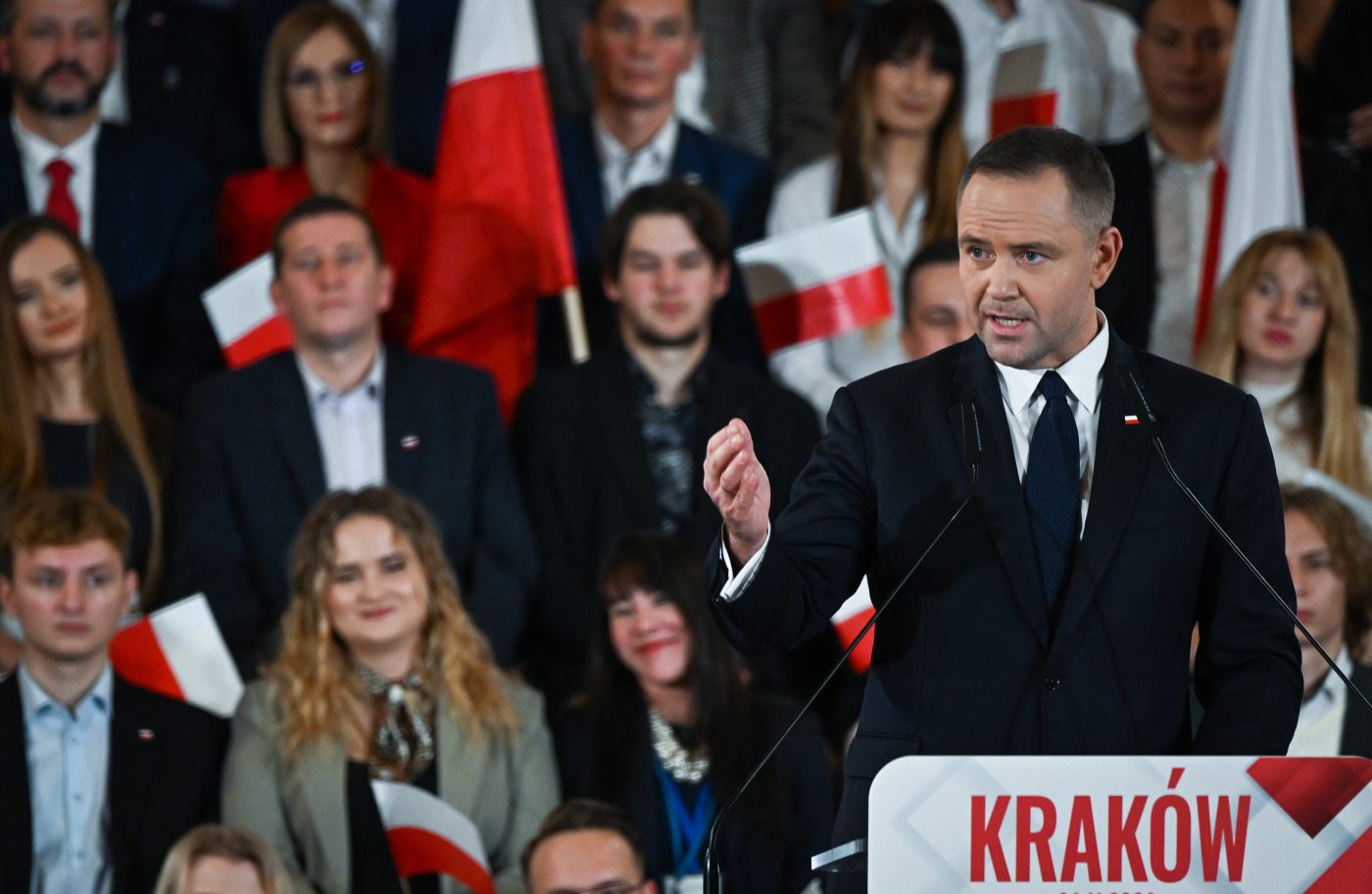 Photo: KRAKOW, POLAND - NOVEMBER 24: Karol Nawrocki, the Law and Justice (PiS) party's candidate for the 2025 presidential election, during his speech, surrounded by PiS members and his supporters, on November 24, 2024, in Krakow, Poland. The announcement came one day after the governing Civic Platform party nominated Rafal Trzaskowski as its candidate in the primaries. Credit: Artur Widak/NurPhoto