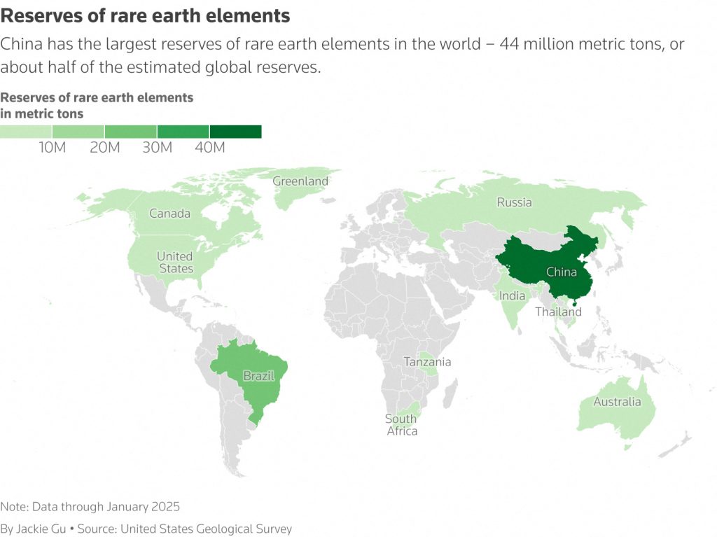 Map shows reserves of rare earth elements across the world, by country. Credit: Reuters.
