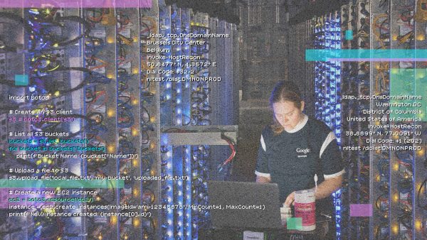 Illustration: Zoë Beach/Michael Newton/Center for European Policy Analysis. Photo: Denise diagnoses an overheated CPU at our data center in The Dalles, Oregon. Credit: Google via Data Centers Photo Gallery https://datacenters.google/photo-gallery/ Photo: Sand Texture Credit: Yan Ots via Unsplash https://unsplash.com/photos/a-bird-is-standing-on-the-sand-of-the-beach--4Q0Zx_po_0