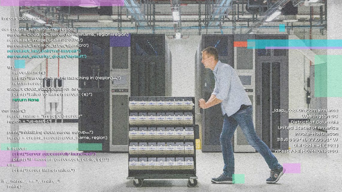 Illustration: Zoë Beach/Michael Newton/Center for European Policy Analysis. Photo: Gert Jan, a technician in hardware operations responsible for data security at a Google Data Center. Credit: Google via Data Centers Photo Gallery https://datacenters.google/photo-gallery/ Photo: Sand Texture Credit: Yan Ots via Unsplash https://unsplash.com/photos/a-bird-is-standing-on-the-sand-of-the-beach--4Q0Zx_po_0