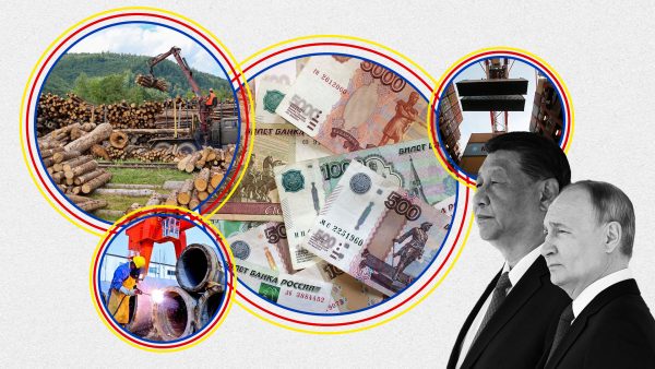 Illustration: Zoë Beach/Center for European Policy Analysis. Image Center Clockwise: Photo: Ruble bank notes. Photo: By Romi_Lado via Pixabay. Photo: Containers are seen unloaded from the Maersk's Triple-E giant container ship Maersk Majestic, one of the world's largest container ships, at the Yangshan Deep Water Port, part of the Shanghai Free Trade Zone, in Shanghai, China, September 24, 2016. Picture taken September 24, 2016. Credit: REUTERS/Aly Song. Photo: Russian President Vladimir Putin and Chinese President Xi Jinping attend an official welcoming ceremony in Beijing, China May 16, 2024. Credit: Sputnik/Sergei Bobylev/Pool via Reuters. IVANO-FRANKIVSK REGION, UKRAINE - JULY 16, 2022 - An employee operates a log handler at a logging warehouse of the Vyhoda Forestry State Enterprise, Ivano-Frankivsk Region, western Ukraine. This photo cannot be distributed in the Russian Federation. NO USE FRANCE Photo: ZHANGYE, CHINA - APRIL 2, 2025 - Workers work on the PCP pipeline production line of Xinqinglong Pipe Industry in Shandan County, Zhangye City, Gansu province, China on April 2, 2025. (Photo by CFOTO/Sipa USA)No Use China.