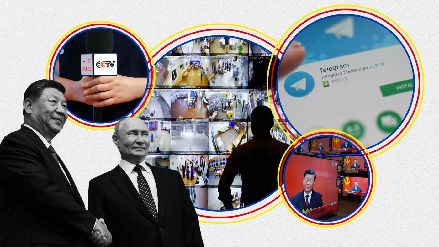 Illustration: Zoë Beach/Center for European Policy Analysis. Image Center Clockwise:A man looks on a screen showing polling stations, at the headquarters of Russia’s Central Election Commission in Moscow, Russia September 19, 2021. Credit: REUTERS/Shamil Zhumatov Photo: A view of the Telegram messaging app, which enables mobile phone users to send encrypted messages, London. Credit: PS images via Reuters Connect Photo: TV screen displaying news reporting of Chinese President Xi Jinping with his new team meet the media in Beijing at Quarry Bay department store. 23OCT22. Credit: SCMP / Robert Ng Photo: A view of the Telegram messaging app, which enables mobile phone users to send encrypted messages, London. Credit: PS images via Reuters Connect Photo: Sand texture Credit: Yan Ots via Unsplash