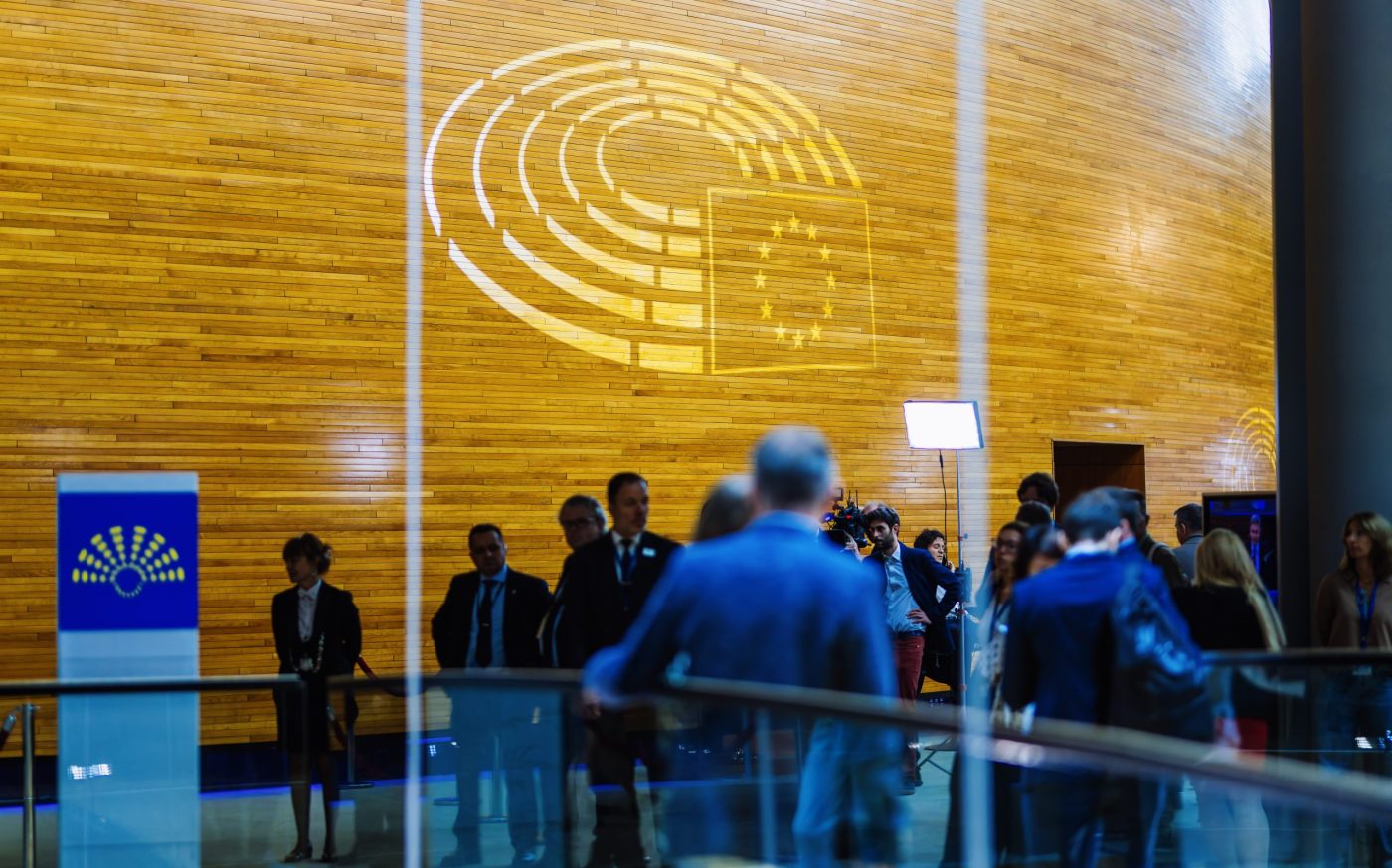Photo: The European Parliament's logo can be seen on the panelling of the plenary chamber in the European Parliament building. The plenary session week begins with a debate on a vote of no confidence in the EU Commission. The vote is scheduled for Thursday. Credit: Philipp von Ditfurth/dpa via Reuters Connect