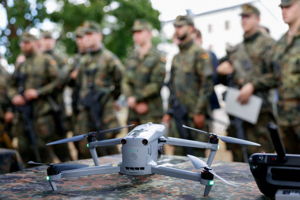 Photo: Soldiers stand next to drone Autel Evo Max 4T, as German Defence Minister Boris Pistorius and Inspector General of the Bundeswehr, Carsten Breuer, visit an air force training battalion in Germersheim, Germany, July 17, 2025. Credit: REUTERS/Heiko Becker