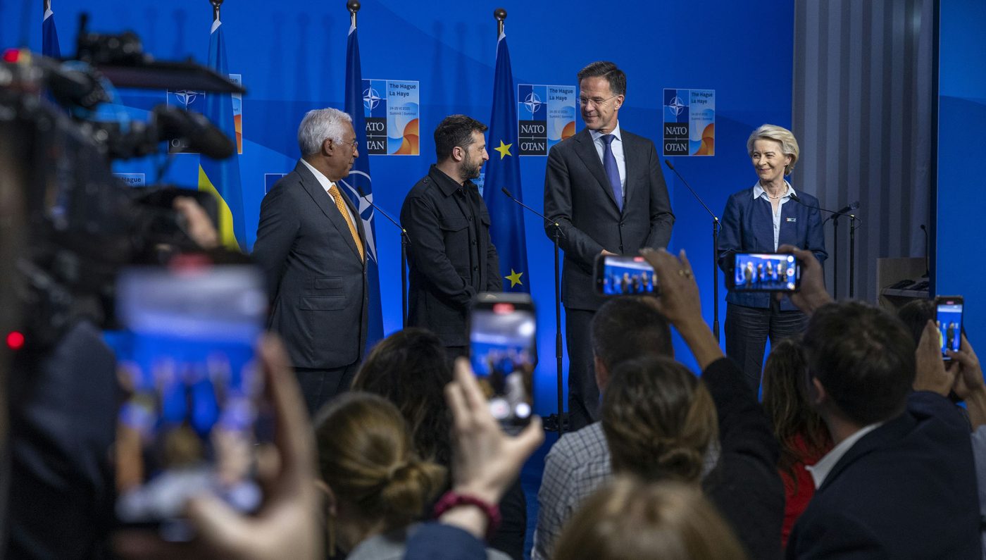 Photo: (From left to right) António Costa (President of the European Council), Volodymyr Zelenskyy (President, Ukraine), NATO Secretary General Mark Rutte and Ursula Von Der Leyen (President of the European Commission) Credit: NATO media library https://www.nato.int/nato_static_fl2014/assets/pictures/images_mfu/2025/6/24e-summit-bilat-sg-ukr-eu/250624e-002.jpg