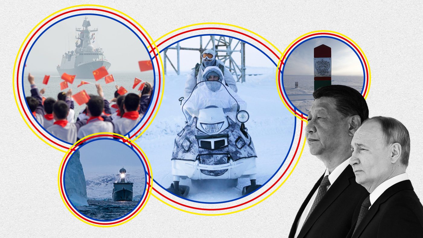 Illustration: Zoë Beach/Center for European Policy Analysis. Image Center Clockwise: Photo: Russian servicemen guard an area at the Nagurskoye military base in Alexandra Land on the remote Arctic islands of Franz Josef Land, Russia March 29, 2017. Picture taken March 29, 2017. Credit: REUTERS/Sergei Karpukhin Photo: A Russian border mark is pictured at the Nagurskoye military base in Alexandra Land on the remote Arctic islands of Franz Josef Land, Russia March 29, 2017. Picture taken March 29, 2017. Credit: REUTERS/Sergei Karpukhin Photo: Russian President Vladimir Putin and Chinese President Xi Jinping attend an official welcoming ceremony in Beijing, China May 16, 2024. Credit: Sputnik/Sergei Bobylev/Pool via Reuters. Photo: The Royal Danish Navy frigate HDMS Triton passes an iceberg in the waters around Greenland. The Royal Danish Navy frigate HDMS Triton is part of the Joint Arctic Command Denmark., Credit: NATO via Flickr. https://flic.kr/p/2ojtpyS Photo: People are welcoming the Chinese frigate Yantai at Yantai Port in Yantai, China, on April 19, 2024. Credit: Cfoto/NurPhoto