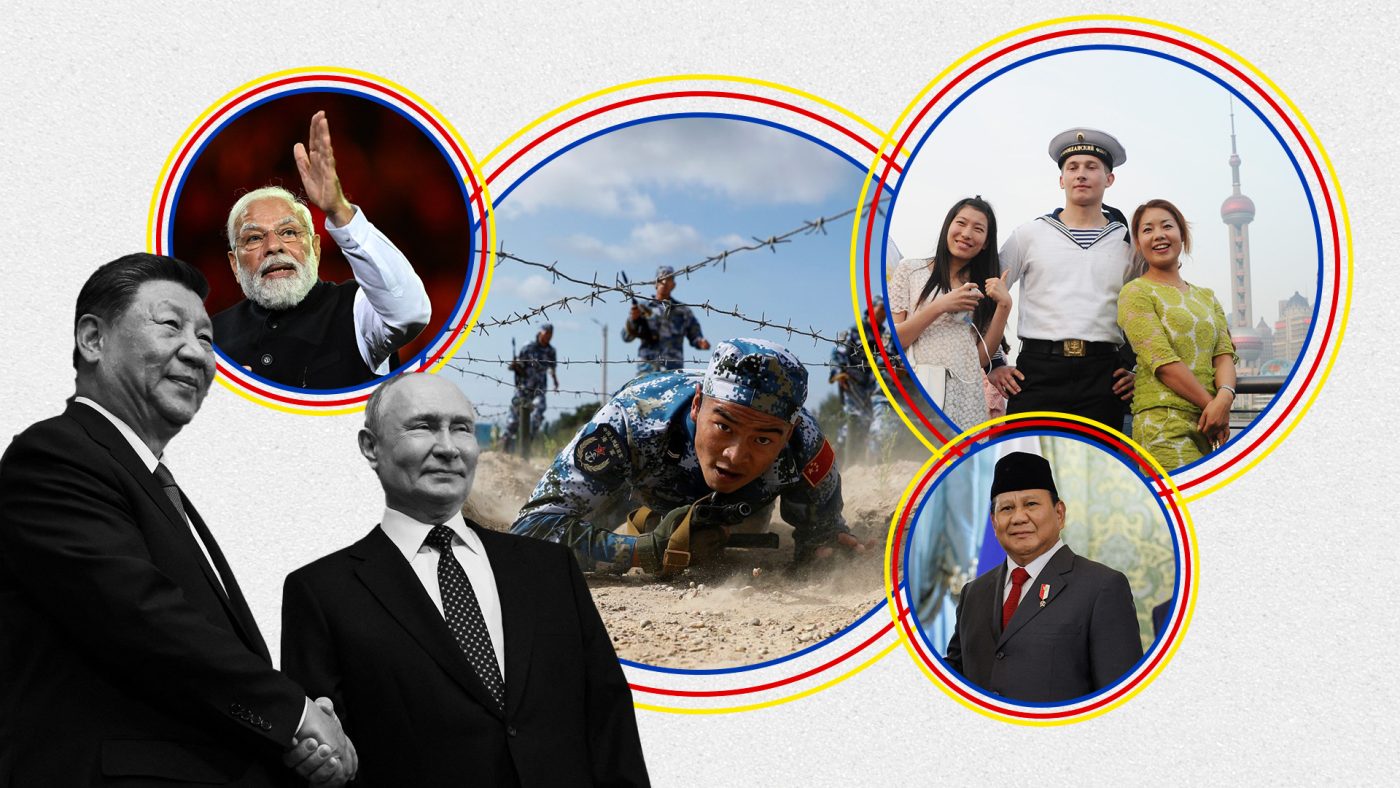 Illustration: Zoë Beach/Michael Newton/ Center for European Policy Analysis. Image Center Clockwise: Russian sailors pose for photos with Chinese tourists on the promenade of the Bund against the skyline of Pudongs Lujiazui Financial District, in Shanghai, China, 20 May 2014. Credit: Oriental Image via Reuters ConnectPhoto: Russian President Vladimir Putin shakes hands with Indonesian President-elect Prabowo Subianto during a meeting at the Kremlin in Moscow, Russia July 31, 2024. Credit: REUTERS/Maxim Shemetov/Pool Connect Photo: TV screen displaying news reporting of Chinese President Xi Jinping with his new team meet the media in Beijing at Quarry Bay department store. 23OCT22. Credit: SCMP / Robert Ng Image: India’s Prime Minister Narendra Modi addresses attendees during a community event at Qudos Bank Arena in Sydney, Tuesday, May 23, 2023. Credit: AAP Image/Dean Photo: Sand texture Credit: Yan Ots via Unsplash