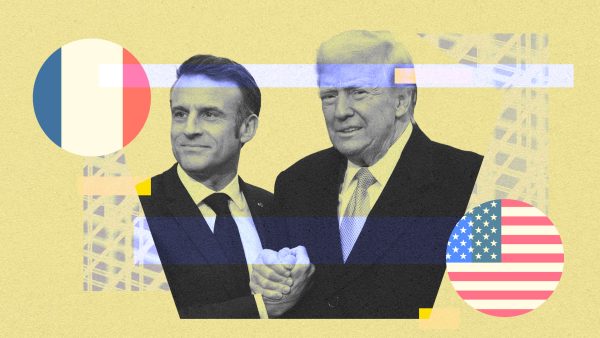 Illustration: Zoë Beach/Center for European Policy Analysis Photo: France's President Emmanuel Macron welcomes the United States President-elect Donald Trump before the bilateral talks in Paris, France, on December 7, 2024. Credit: Daniel Pier/NurPhoto via Reuters Connect Photo: translucent grid Credit: and machines via Unsplash Photo: Flag of France Credit: Wikimedia Commons Photo: US flag Credit: Wikimedia Commons