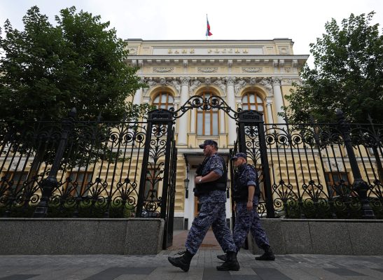 Photo: Members of Russia's National Guard walk past the Central Bank headquarters in Moscow, Russia July 24, 2025. Credit: REUTERS/Evgenia Novozhenina