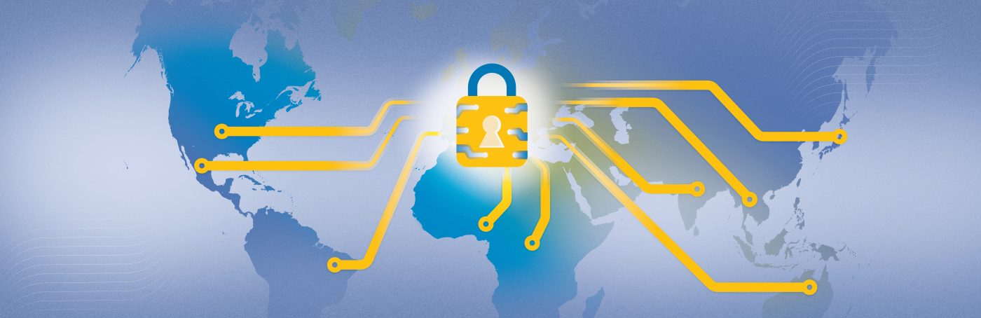 Image: A depiction of Europe as the global anchor for data protection, with a central padlock radiating secure digital connections, highlighting the EU’s pivotal role in setting international standards for privacy, cybersecurity, and trusted data flows across continents. Credit: Sara Boyer/Center for European Policy Analysis