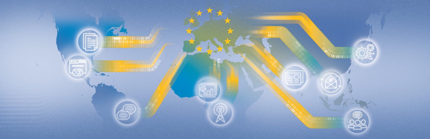 Image: A visual representation of Europe’s role as a global hub for digital governance and data flows, illustrating how EU data protection and privacy standards influence interconnected systems across continents: from regulatory compliance and analytics to communication, AI, and cross-border digital infrastructure. Credit: Sara Boyer/Center for European Policy Analysis