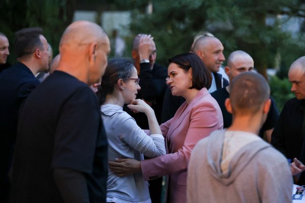 Photo: Sviatlana Tsikhanouskaya welcomes prisoners released from Belarus, as they arrive at the US embassy in Vilnius, Lithuania, September 11, 2025. Credit: REUTERS/Kacper Pempel