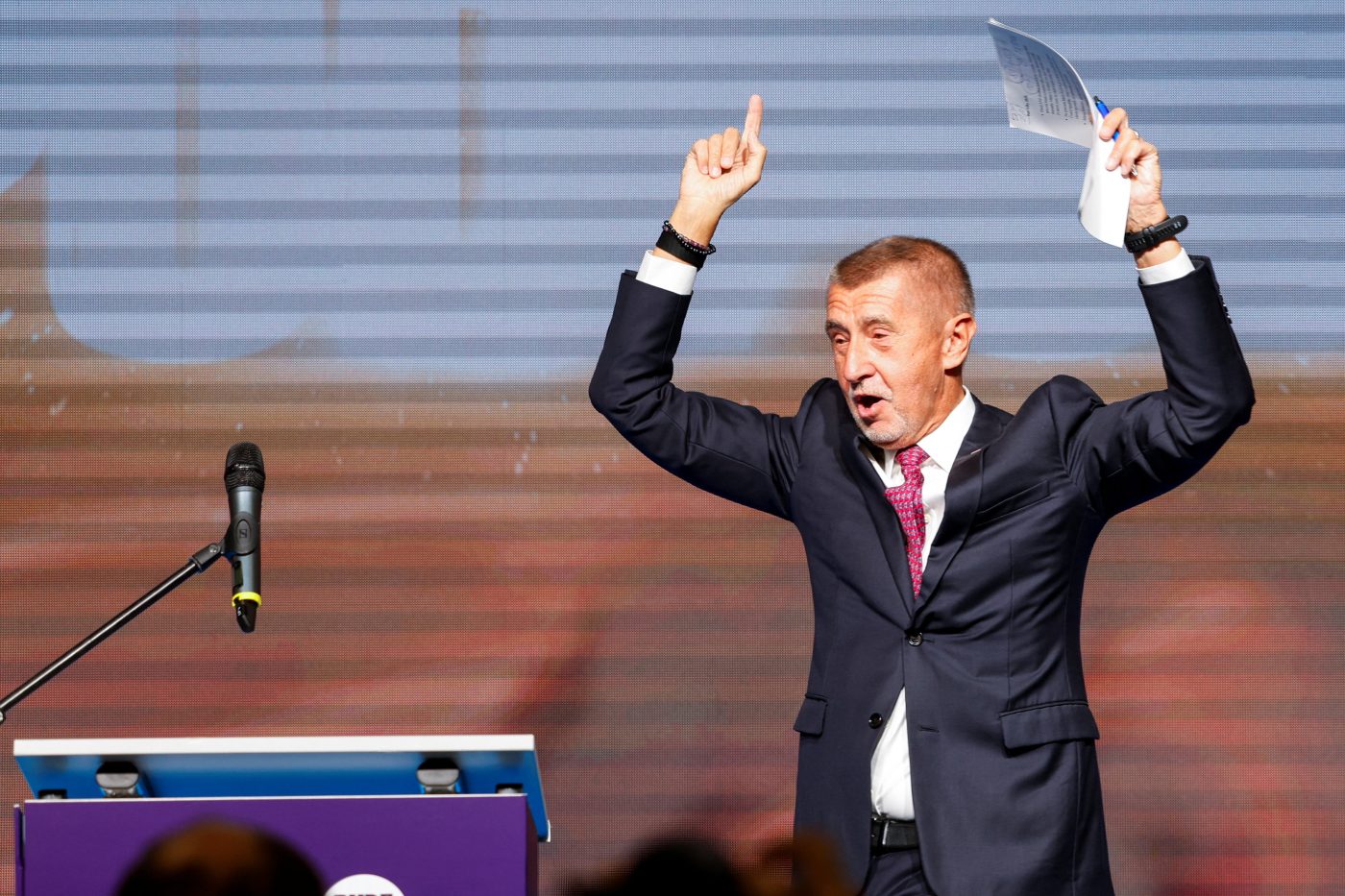 Photo: Leader of ANO party Andrej Babis celebrates as he reacts to the preliminary results of the parliamentary election, in Prague, Czech Republic, October 4, 2025. Credit: REUTERS/David W Cerny