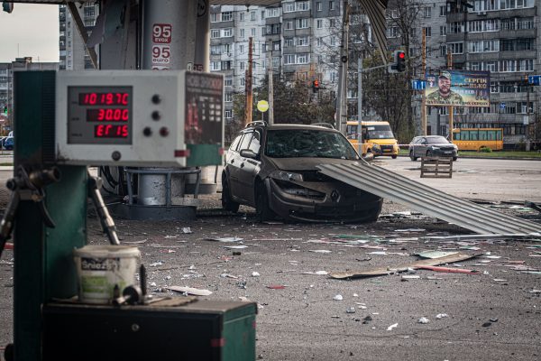 Photo: Damage to a gas station in Sumy, Ukraine, occurs after the impact of a Russian kamikaze drone, on October 30, 2025. Credit: Photo by Francisco Richart Barbeira/NurPhoto