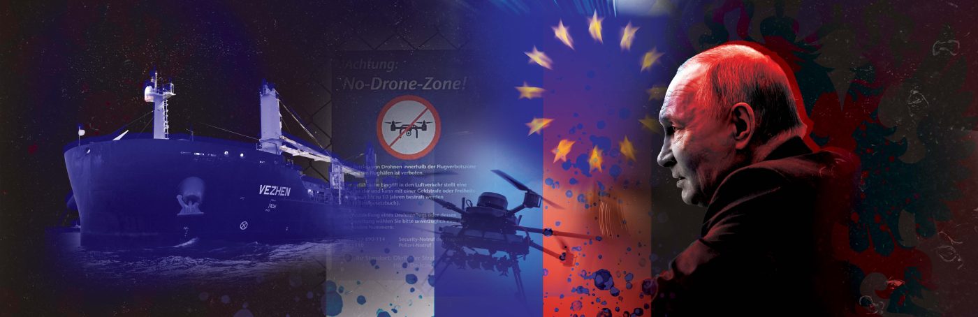 Photos: Russian President Vladimir Putin, chairs a video conference meeting of government members from the Kremlin, October 29, 2025 in Moscow, Russia. Credit: Alexander Kazakov/Kremlin Pool/Alamy Live News; Photo: A flag of the European Union is seen on the day of a plenary session of the newly elected European Parliament in Strasbourg, France, July 17, 2024. Credit: REUTERS/Johanna Geron; Photo: A Ukrainian serviceman of the 25th Airborne Brigade looks at a Vampire, a heavy unmanned aerial vehicle, during its flight near a front line, amid Russia's attack on Ukraine, in Donetsk region, Ukraine April 5, 2025. Credit: REUTERS/Oleksandr Ratushniak; Photo: Frankfurt am Main Fraport Hessen Deutschland signs indicate the ban on drones. Credit: Via Reuters; Photo: The cargo ship Vezhen is anchored for examination by Swedish authorities outside Karlskrona, Sweden, January 27, 2025. TT News Agency/Johan Nilsson via REUTERS. Credit: Sara Boyer/Center for European Policy Analysis