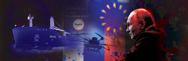 Photos: Russian President Vladimir Putin, chairs a video conference meeting of government members from the Kremlin, October 29, 2025 in Moscow, Russia. Credit: Alexander Kazakov/Kremlin Pool/Alamy Live News; Photo: A flag of the European Union is seen on the day of a plenary session of the newly elected European Parliament in Strasbourg, France, July 17, 2024. Credit: REUTERS/Johanna Geron; Photo: A Ukrainian serviceman of the 25th Airborne Brigade looks at a Vampire, a heavy unmanned aerial vehicle, during its flight near a front line, amid Russia's attack on Ukraine, in Donetsk region, Ukraine April 5, 2025. Credit: REUTERS/Oleksandr Ratushniak; Photo: Frankfurt am Main Fraport Hessen Deutschland signs indicate the ban on drones. Credit: Via Reuters; Photo: The cargo ship Vezhen is anchored for examination by Swedish authorities outside Karlskrona, Sweden, January 27, 2025. TT News Agency/Johan Nilsson via REUTERS. Credit: Sara Boyer/Center for European Policy Analysis