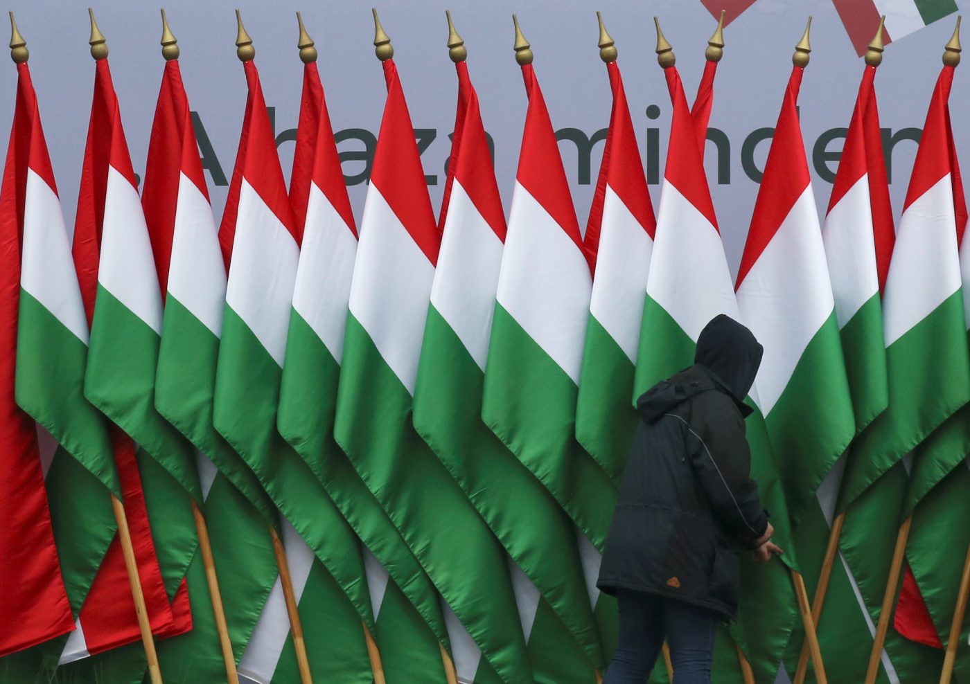 Photo: A man adjusts national flags before a pro-Orban rally during Hungary's National Day celebrations, which also commemorates the 1848 Hungarian Revolution against the Habsburg monarchy, in Budapest, Hungary, March 15, 2018. Credit: REUTERS/Marko Djurica