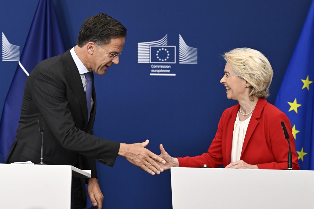 Photo: Mark Rutte , NATO Secretary General (L) and Ursula Von der Leyen , the president of the European Commission deliver statements at the European Commission in Brussels, Tuesday, September 30, 2025. Their remarks focus on security cooperation, including anti-drone initiatives, and continued support for Ukraine amid the ongoing war. Credit: Wiktor Dabkowski/ZUMA Press Wire via Reuters Connect.