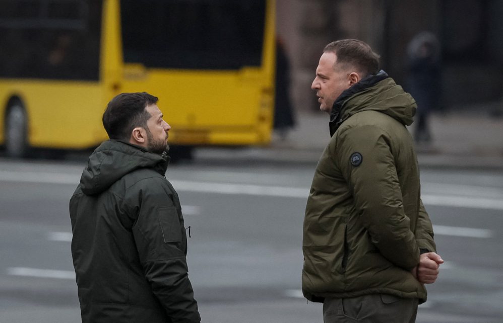 Photo: Ukraine's President Volodymyr Zelenskiy speaks with Head of the Presidential Office Andriy Yermak as they wait for German Chancellor Olaf Scholz at the Independence Square, amid Russia's attack on Ukraine, in Kyiv, Ukraine December 2, 2024. Credit: REUTERS/Gleb Garanich/File Photo