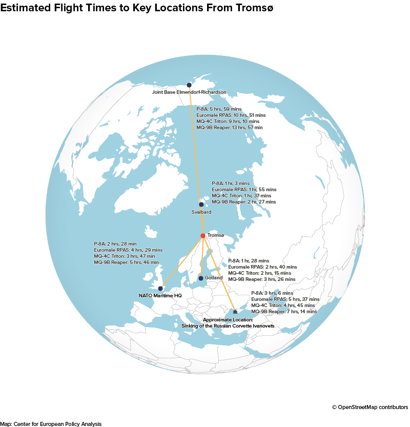 Graphic: Illustration of estimated flight times in the Arctic. Credit: Center for European Policy Analysis.