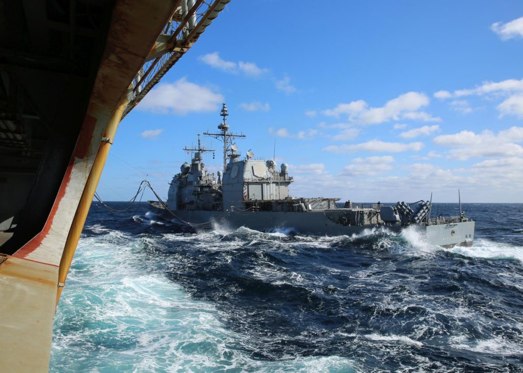 Photo: ATLANTIC OCEAN (March 23, 2017) Military Sealift Command's fast combat support ship USNS Arctic (T-AOE 8) delivers fuel to the Ticonderoga-class cruiser USS San Jacinto (CG 56) during an underway replenishment at sea, March 23. Arctic was at sea providing logistical and training support for naval ships operating in the region. Credit: Alamy.