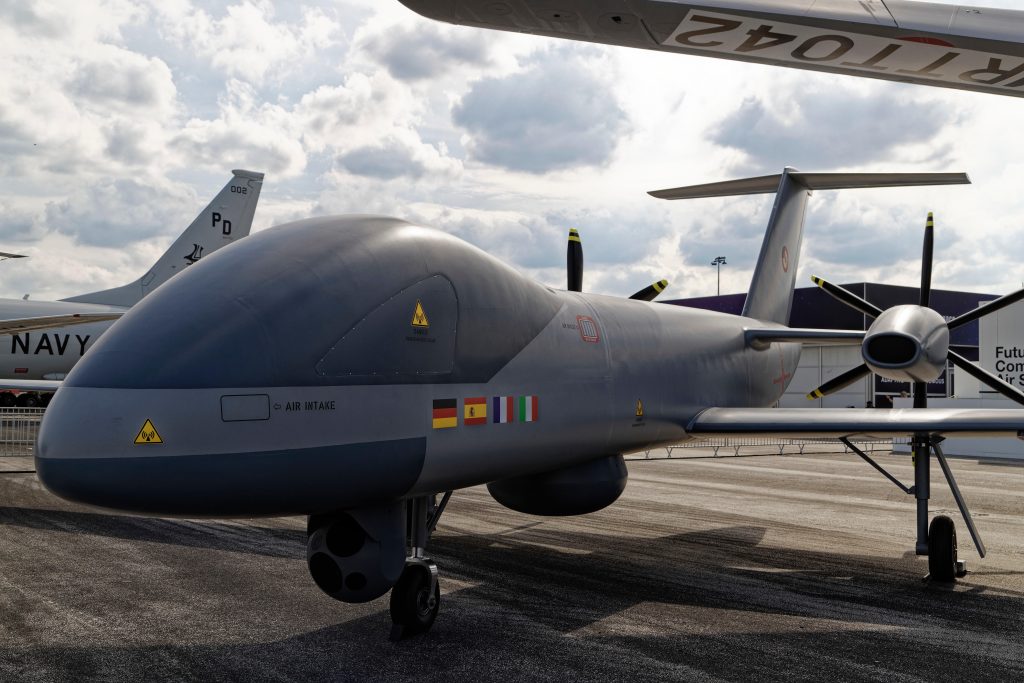 Photo: Paris-Le Bourget, France. 23rd June, 2019. Display of the European Male RPAS combat drone at the last day of 53rd International Paris Air Show, France. Credit: Alamy.