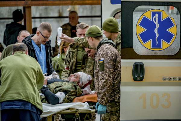 Photo: Ukrainian soldier arrives in an ambulance to the military hospital of Zaporizhzhia after being wounded in the combats of the Russia?s war in Ukraine. Credit: Photo by Celestino/NurPhoto
