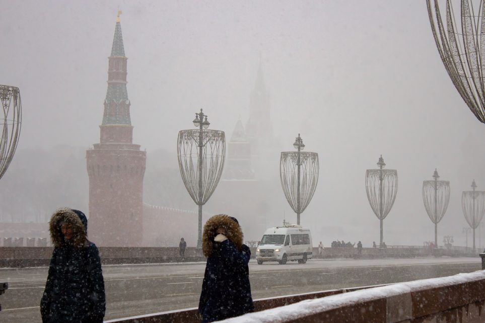 Photo: People walk along the Bolshoi Moskvoretsky Bridge with The Kremlin seen in the background during an abnormal snow storm hit the Russian capital. Credit: Photo by Vlad Karkov / SOPA Images/Sipa USA