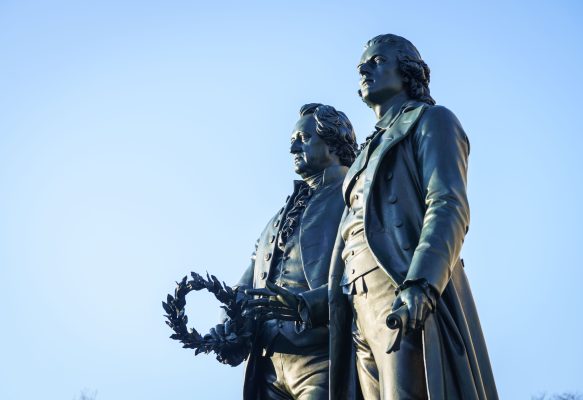Photo: The Goethe-Schiller Monument, a bronze double statue of the German poets Johann Wolfgang von Goethe and Friedrich von Schiller, stands in front of the German National Theater on Theaterplatz in Weimar. Inaugurated in 1857, the monument was created by the Dresden sculptor Ernst Rietschel. Credit: Via Reuters.