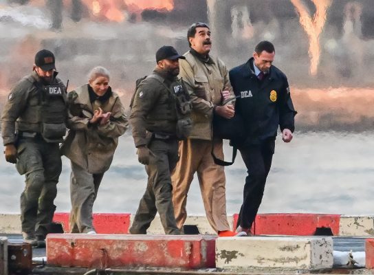 Photo: Ousted President Nicolas Maduro of Venezuela, second right, and his wife, Cilia Flores, second left, arrive at the Wall Street Heliport in the New York City borough of Manhattan, NY, to be transported to appear in a New York court on Monday, January 5, 2026. They are to be arraigned as part of a Narco-Terrorism indictment against them by the United States Government. Credit: Kyle Mazza / CNP/Sipa USA