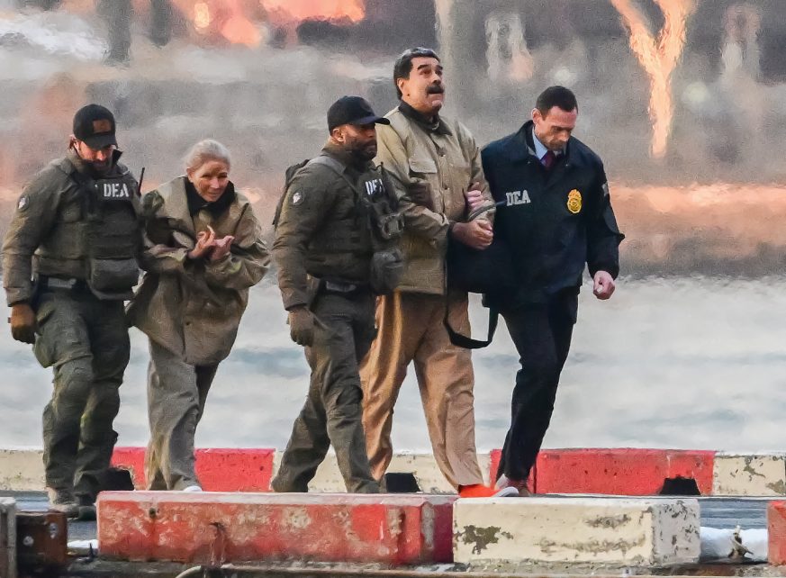 Photo: Ousted President Nicolas Maduro of Venezuela, second right, and his wife, Cilia Flores, second left, arrive at the Wall Street Heliport in the New York City borough of Manhattan, NY, to be transported to appear in a New York court on Monday, January 5, 2026. They are to be arraigned as part of a Narco-Terrorism indictment against them by the United States Government. Credit: Kyle Mazza / CNP/Sipa USA